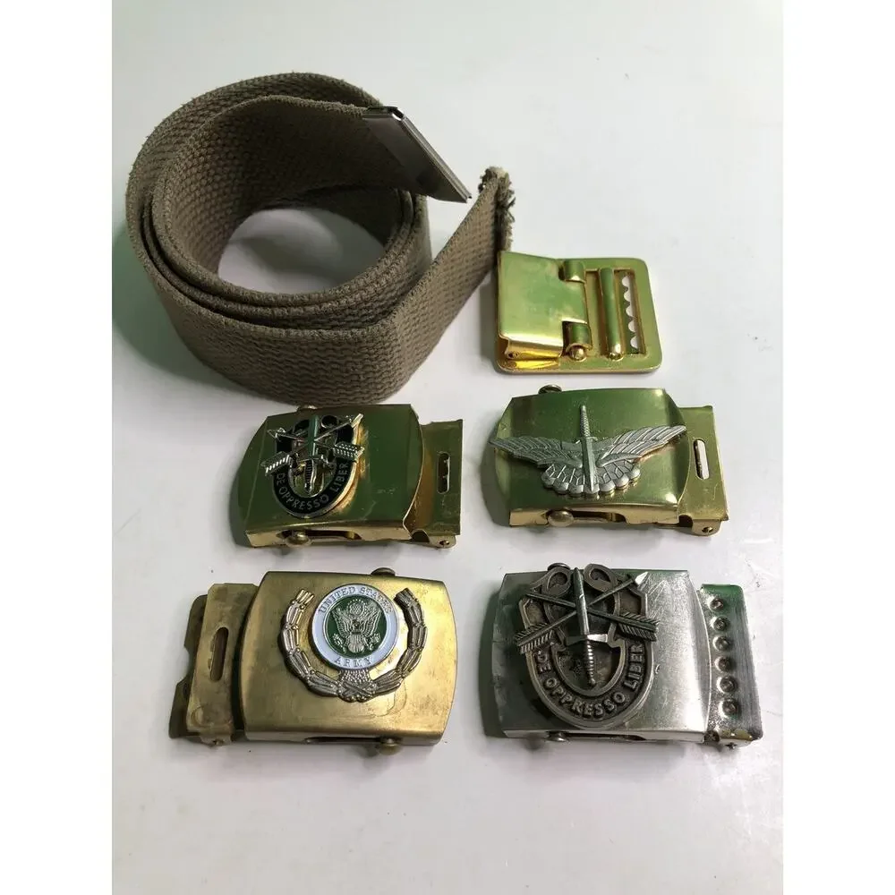 Vintage 38” Web Belt W/ 5 Buckles US Army Special Forces Brass Interchangeable